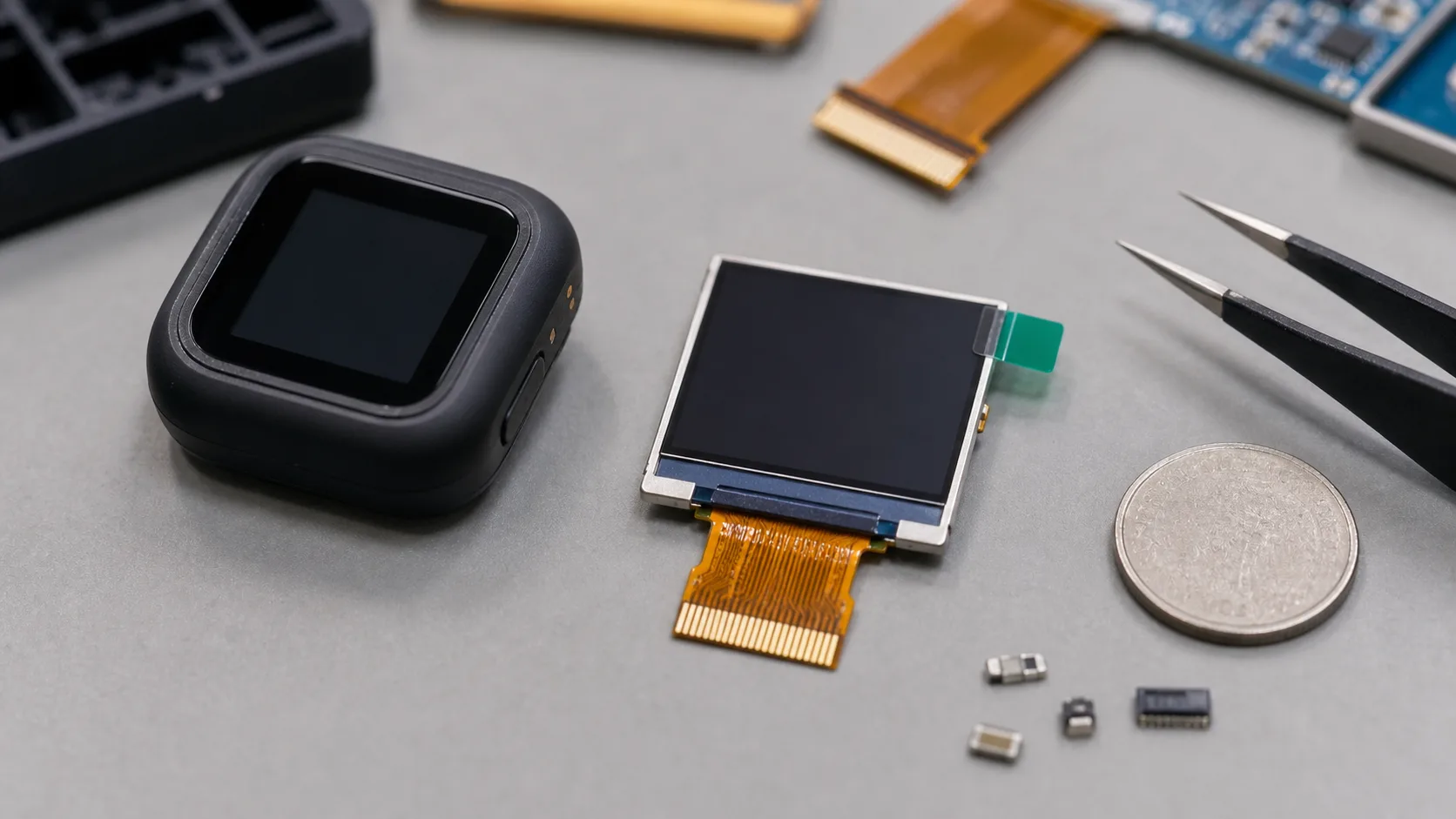 1.8 inch TFT display sample on a consumer electronics prototype bench