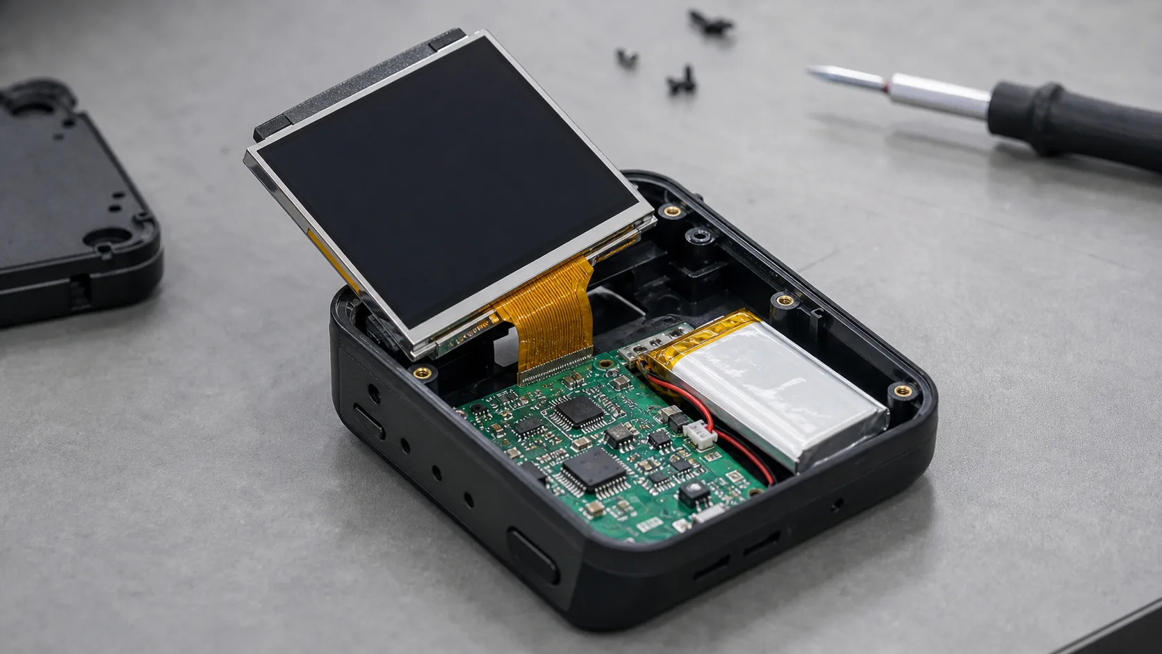 2.4 inch TFT display sample on a consumer electronics prototype bench