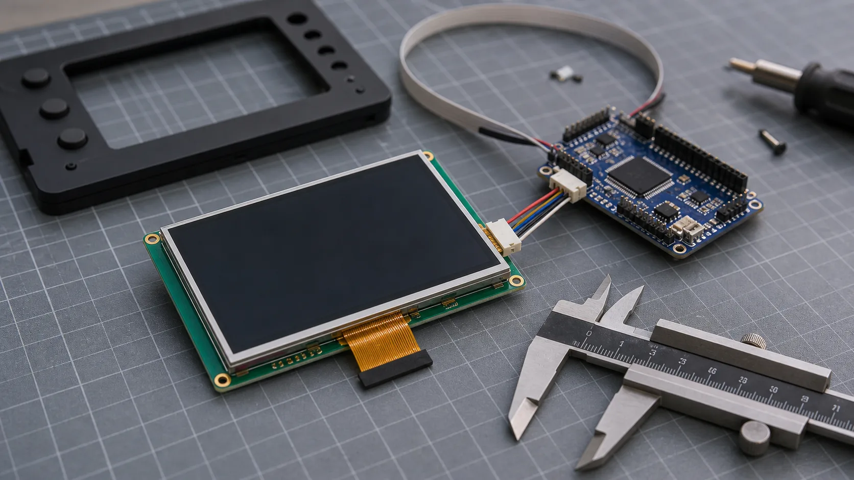 2.8 inch TFT LCD module sample on a consumer electronics prototype bench