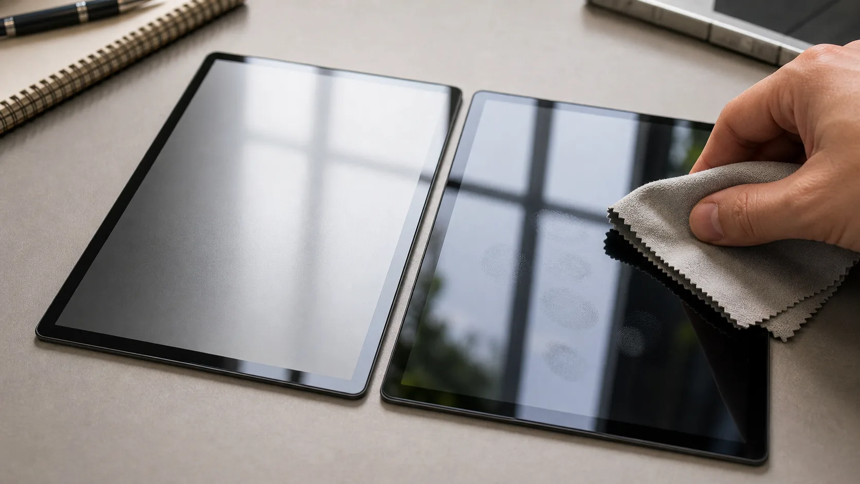 anti-glare and anti-fingerprint touch display prototype photographed on a clean consumer electronics workbench