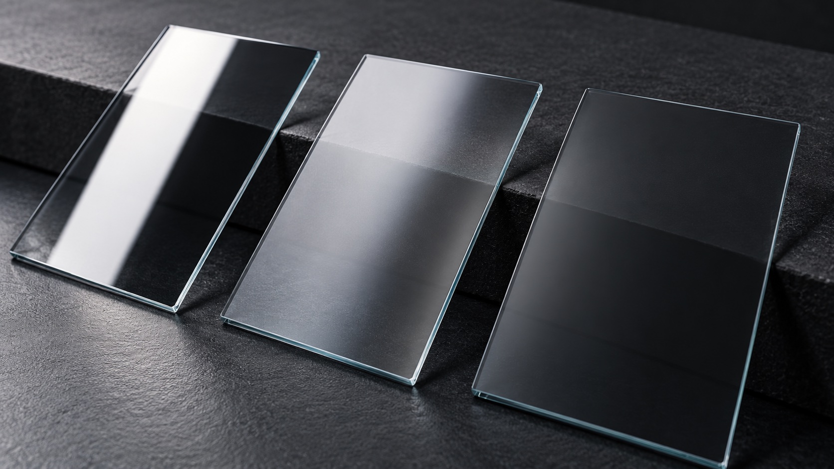Photorealistic studio illustration of display cover-glass samples showing different reflection patterns