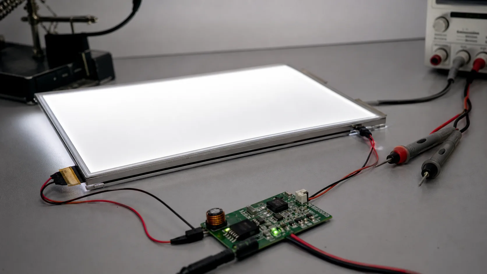 TFT LCD backlight panel and LED driver circuit on an electronics test bench