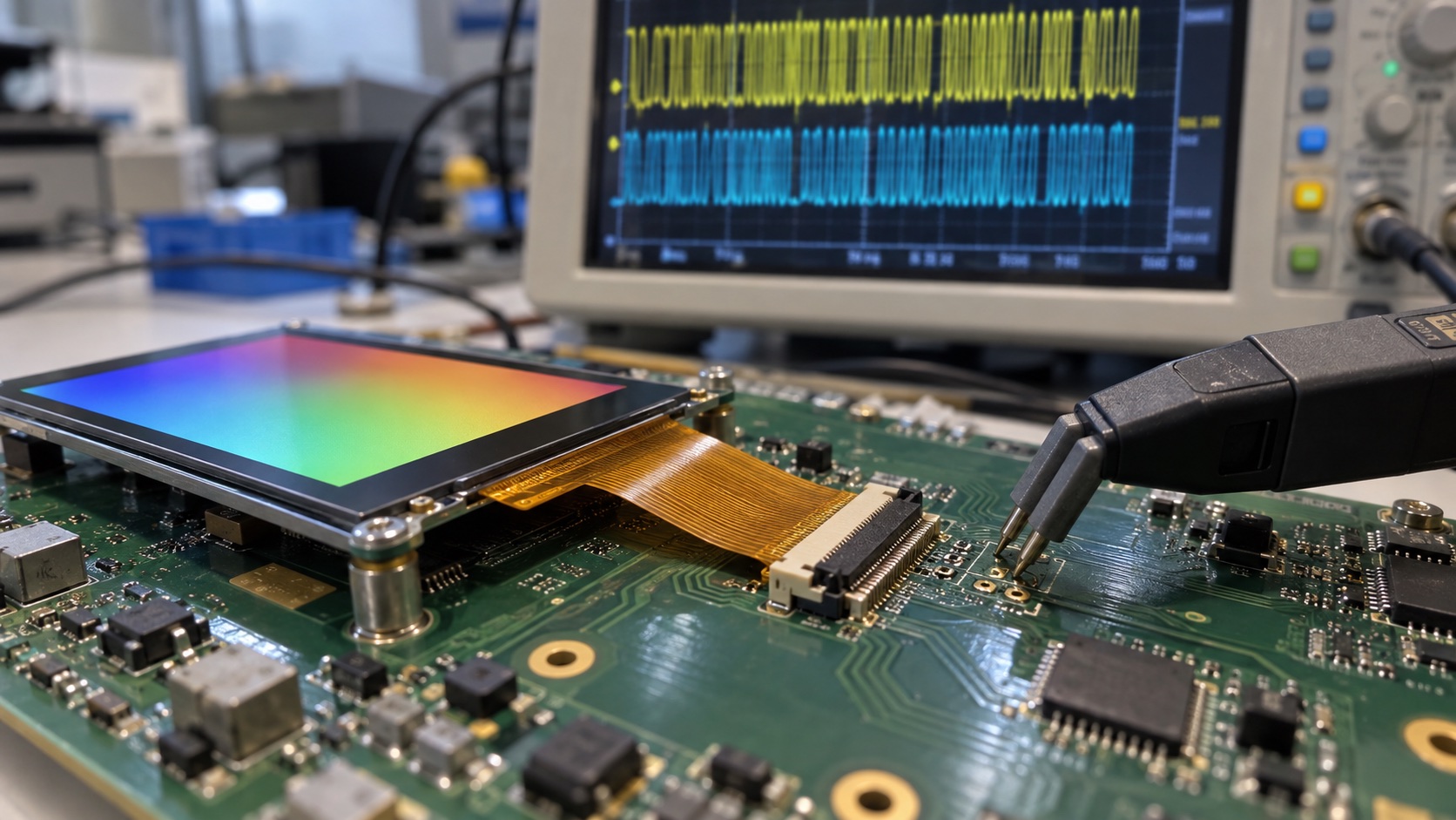 Illustrative close-up of a high-density display FPC and host board with a differential probe and oscilloscope