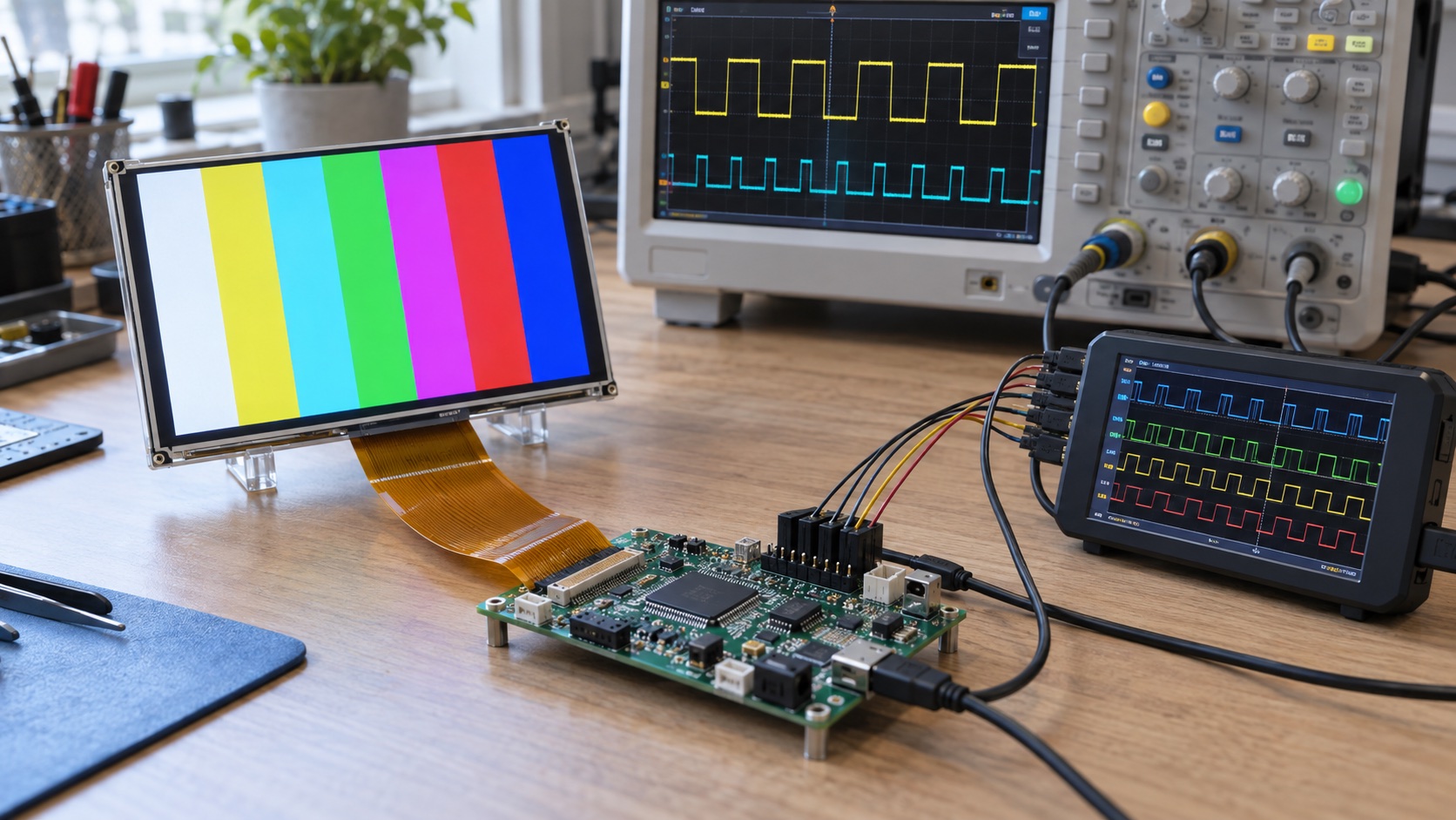 Illustrative lab scene with an RGB TFT test pattern and oscilloscope traces for display timing