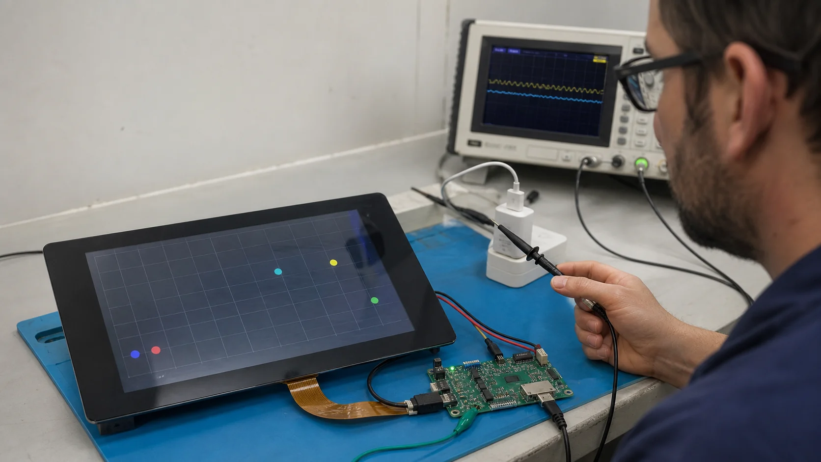 Engineer investigating ghost touches on a capacitive TFT touchscreen using diagnostic equipment