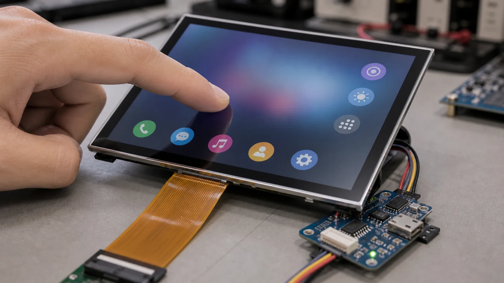 capacitive touch TFT display prototype photographed on a clean consumer electronics workbench
