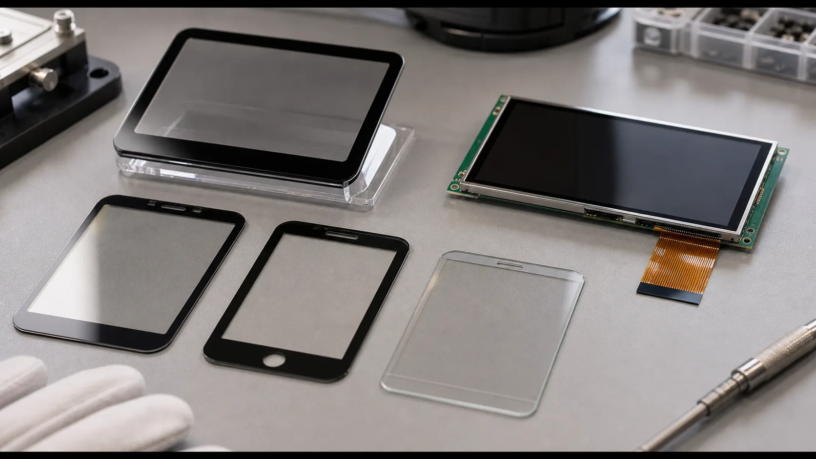 cover glass for TFT displays prototype photographed on a clean consumer electronics workbench