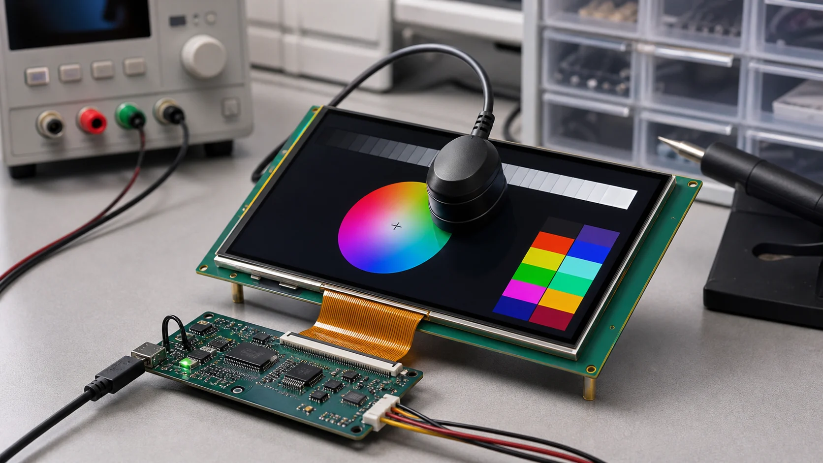 TFT display module being calibrated with an optical measurement probe