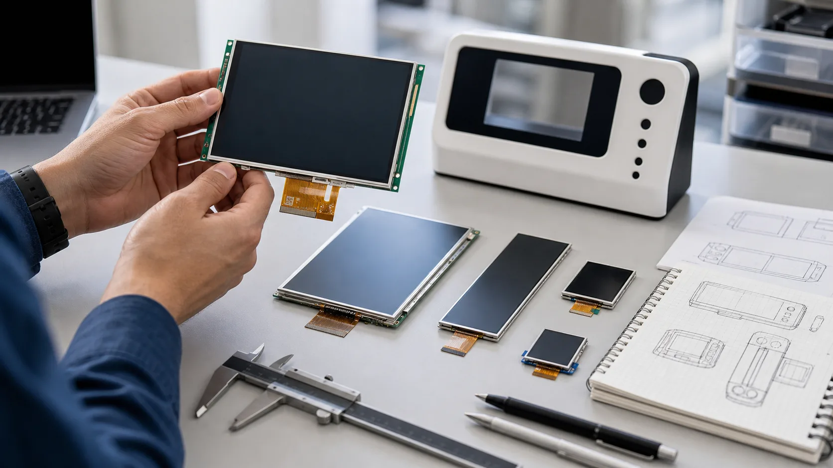 Engineer comparing TFT display modules for a consumer product prototype