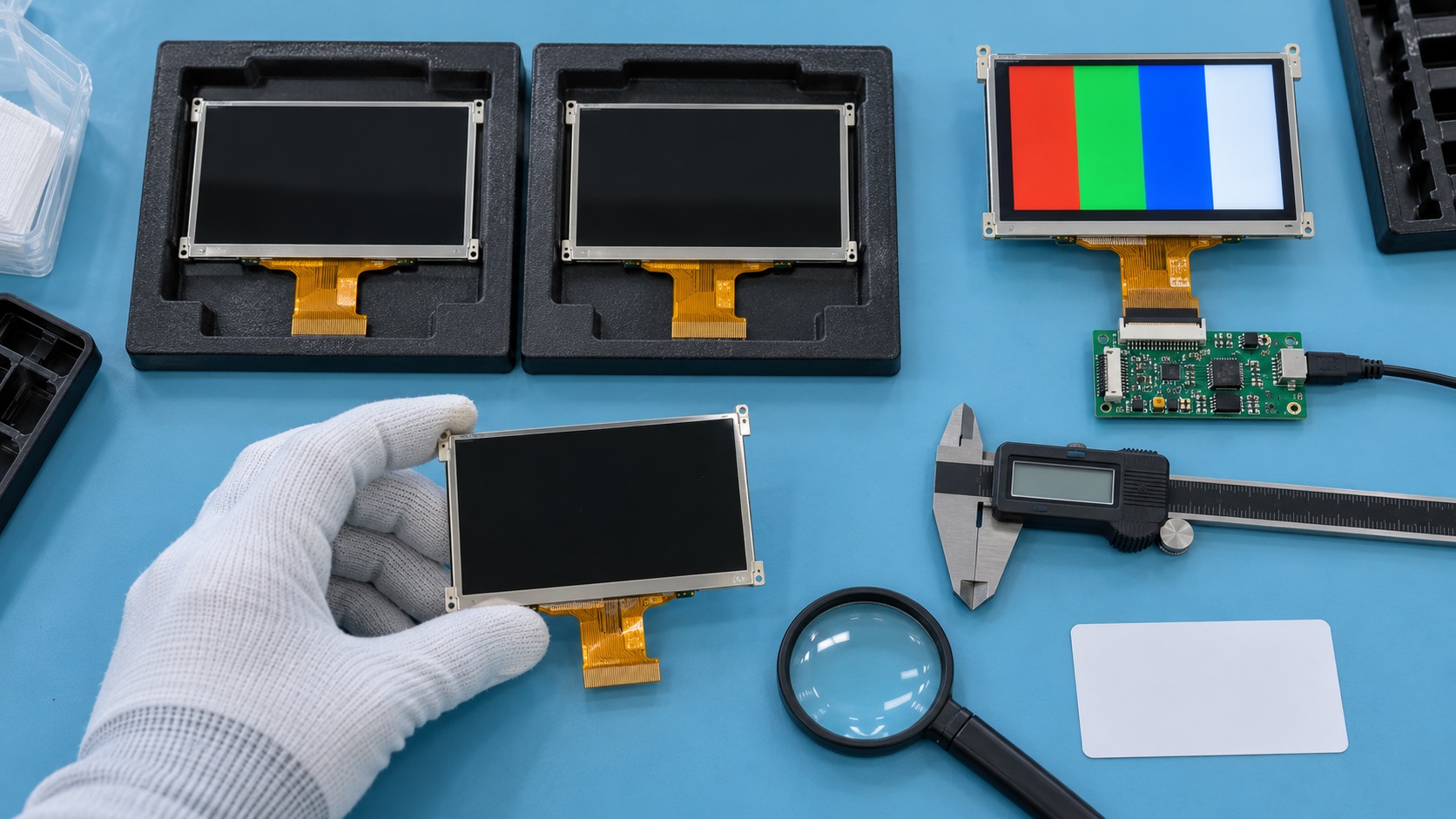 Photorealistic overhead illustration of LCD modules, inspection tools, and protective trays at a quality station