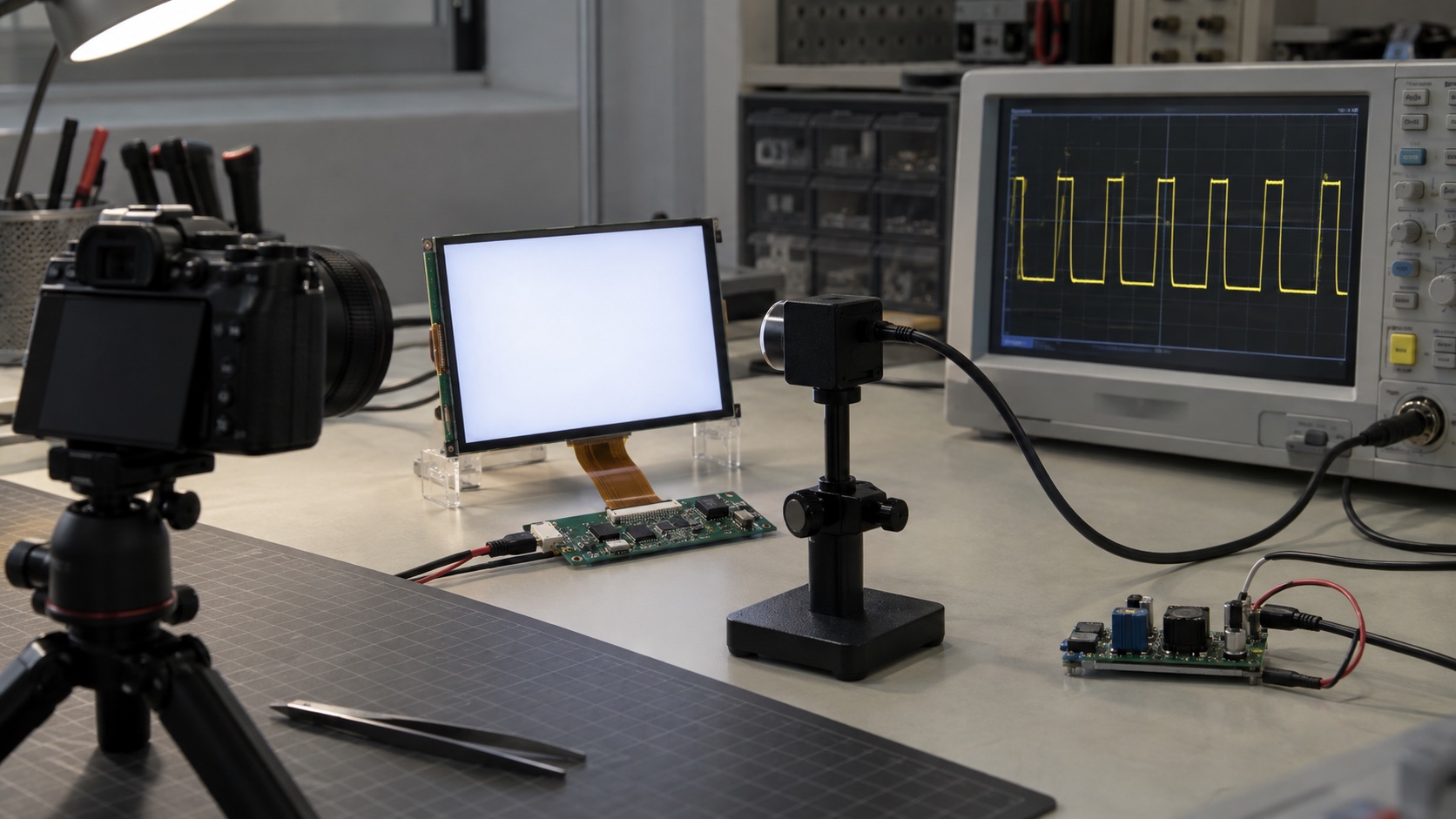 Illustrative backlight dimming test with a TFT LCD, optical sensor, camera, and oscilloscope