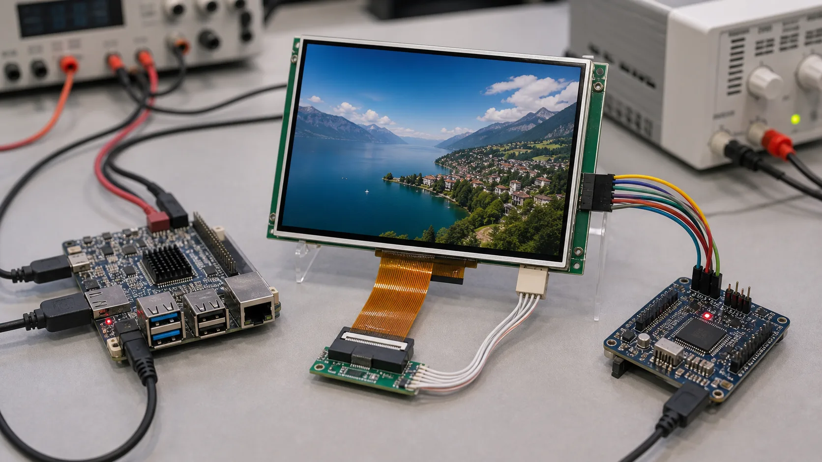 TFT display for microcontroller or SBC connected to a development board on a lab bench