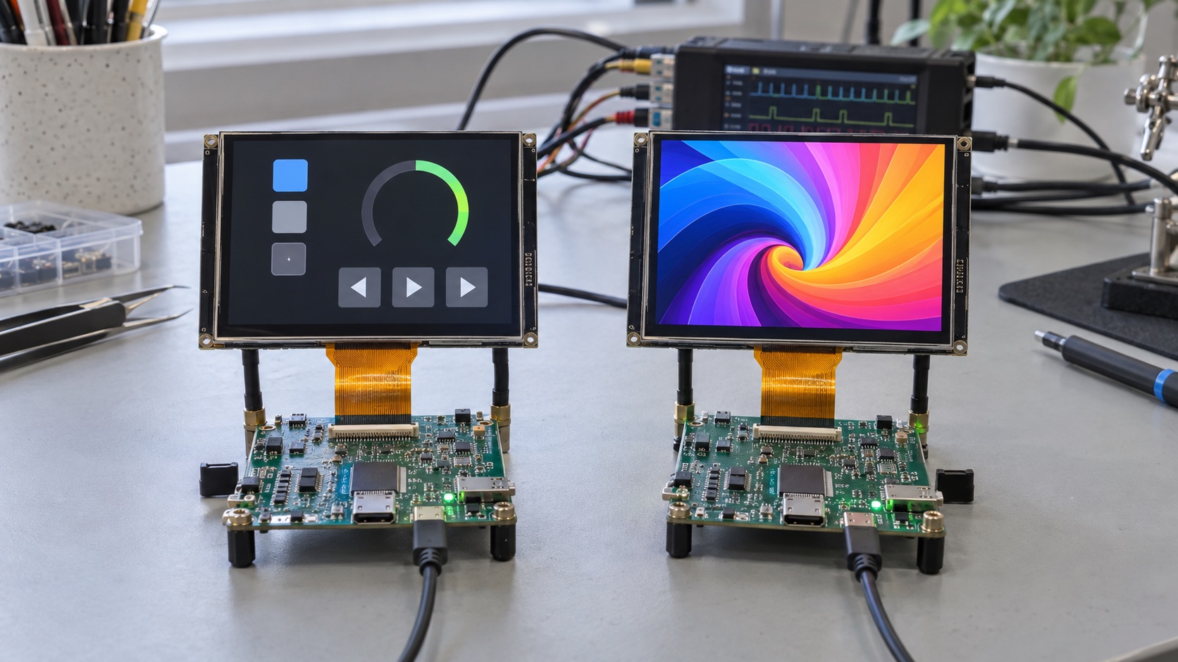 Illustrative electronics bench with two TFT display evaluation setups showing a static control interface and a changing geometric image