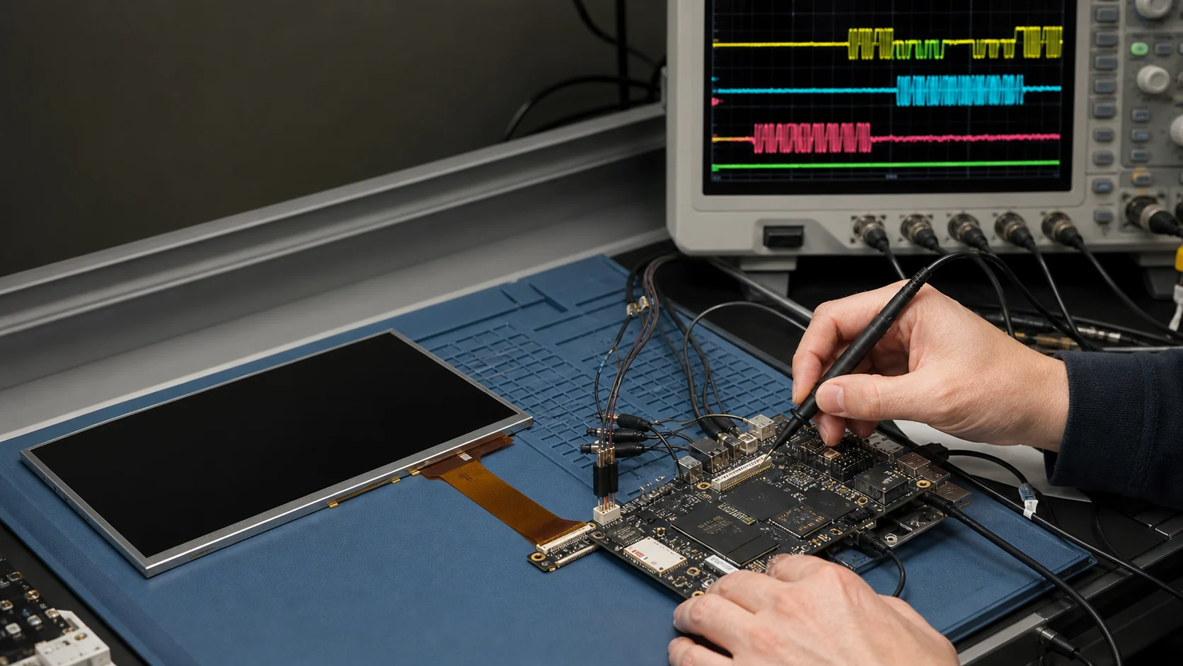 Engineer debugging a MIPI DSI TFT display and flex cable with an oscilloscope in an electronics lab