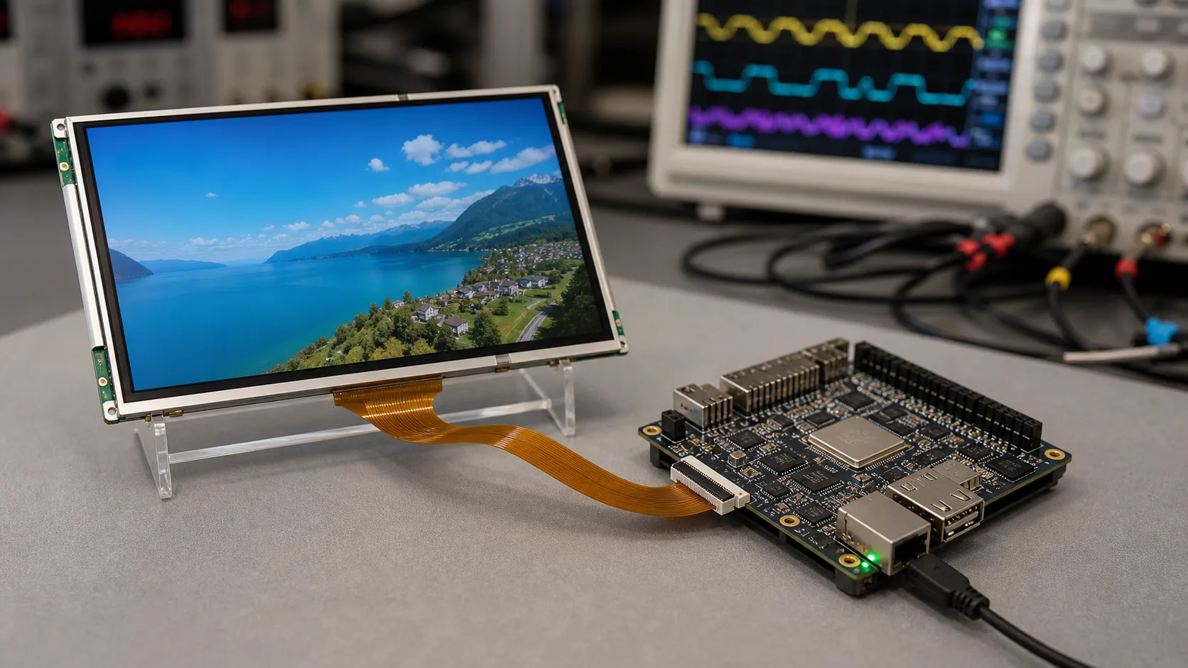 MIPI DSI TFT display module connected to a development board on a lab bench