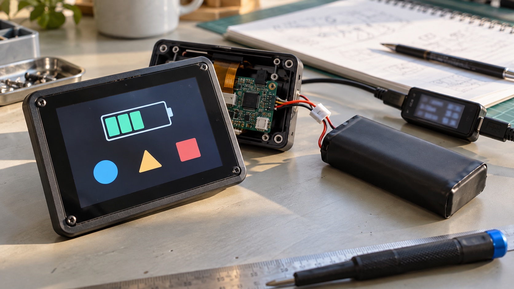 Illustrative portable TFT prototype connected to a protected battery pack and a power measurement instrument