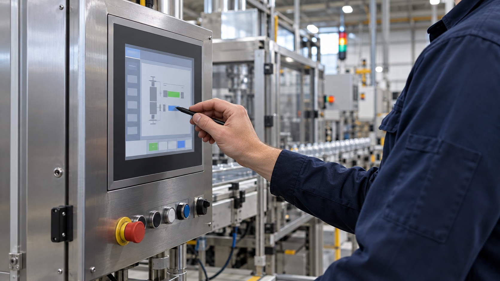 Photorealistic illustration of an operator using a stylus on an industrial machine touchscreen