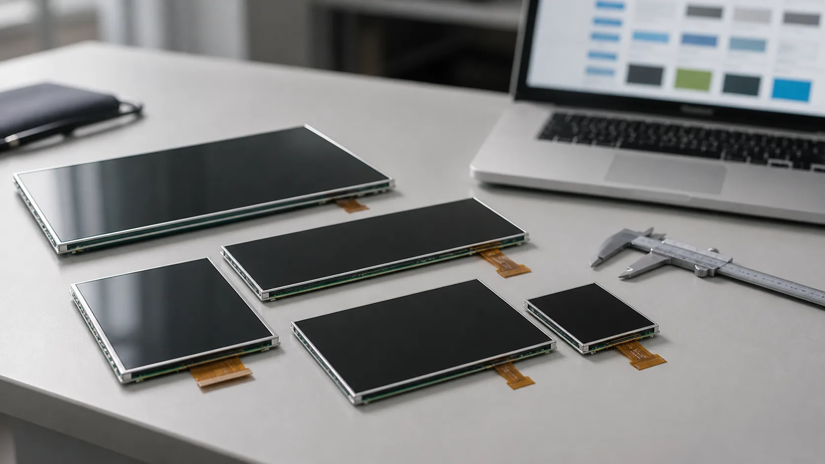 TFT LCD modules with different screen sizes and aspect ratios on an engineering desk
