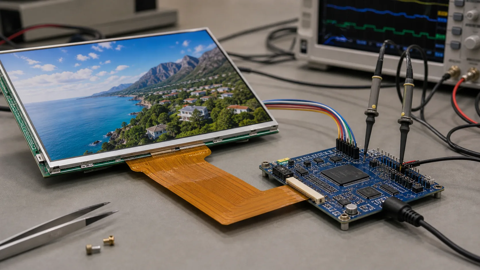 RGB interface TFT LCD connected to a development board on a lab bench
