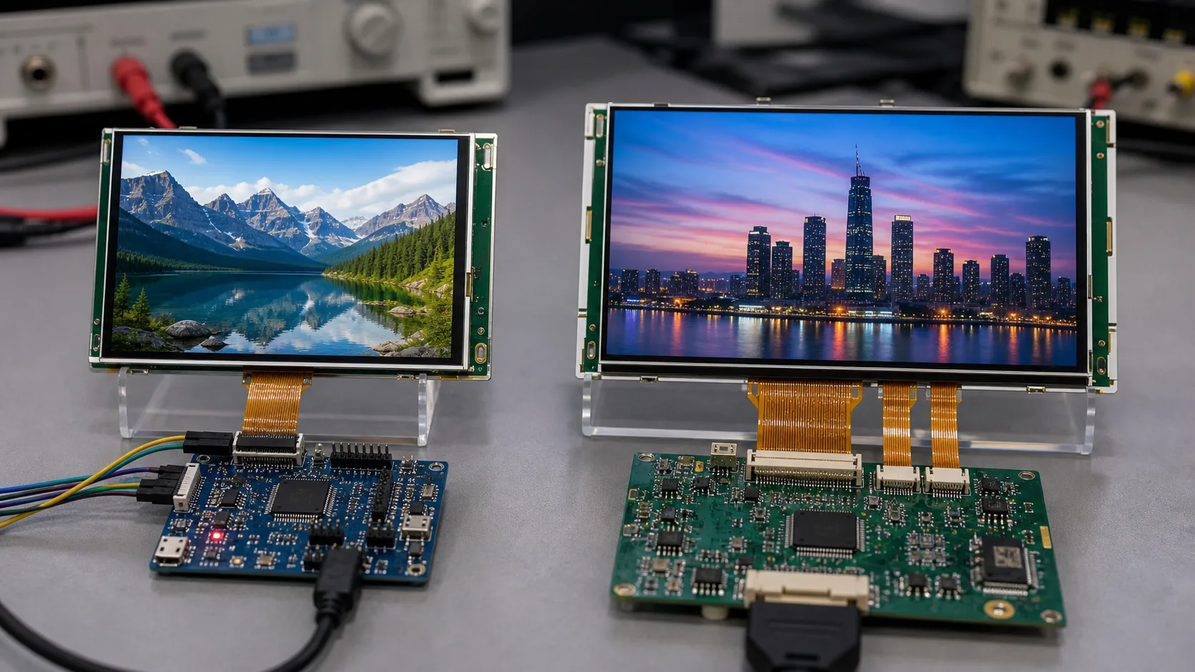 SPI TFT display vs RGB TFT display connected to a development board on a lab bench