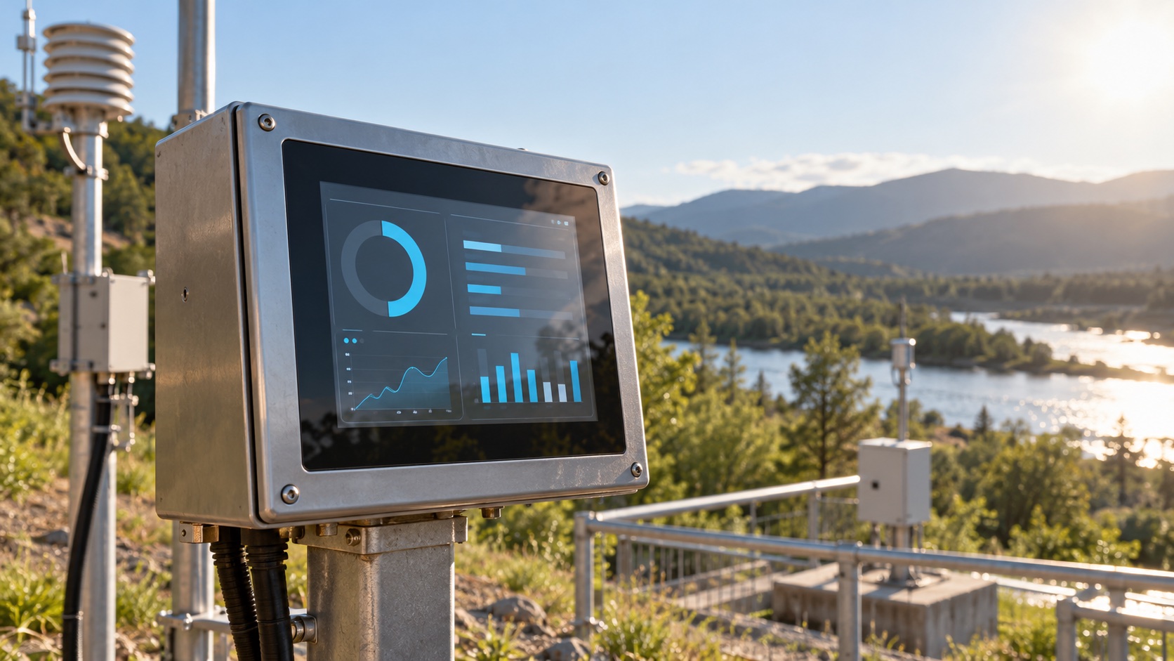 Photorealistic illustration of a rugged TFT control screen viewed outdoors in bright sunlight