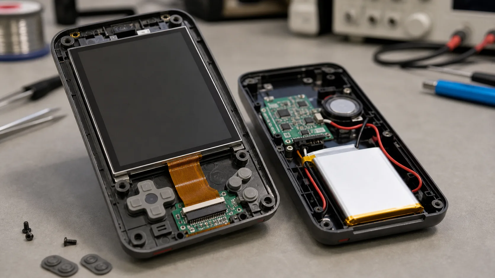 TFT display for handheld devices prototype shown in a realistic consumer electronics lab scene
