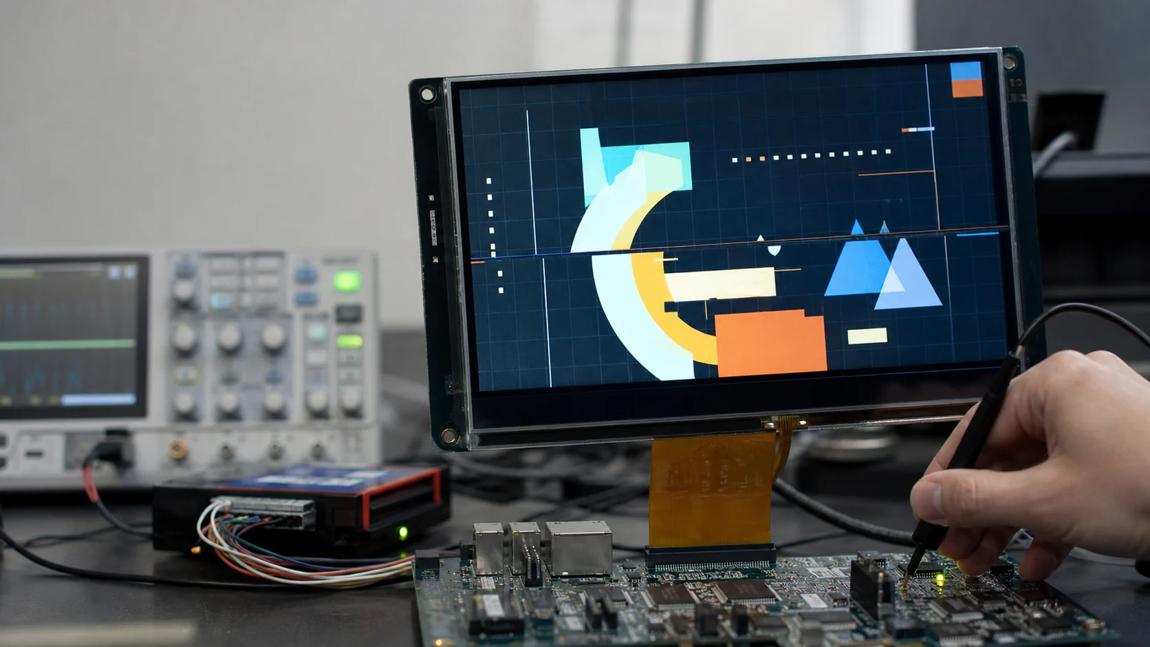 Engineer testing a TFT display with a visible horizontal screen-tearing line during animation