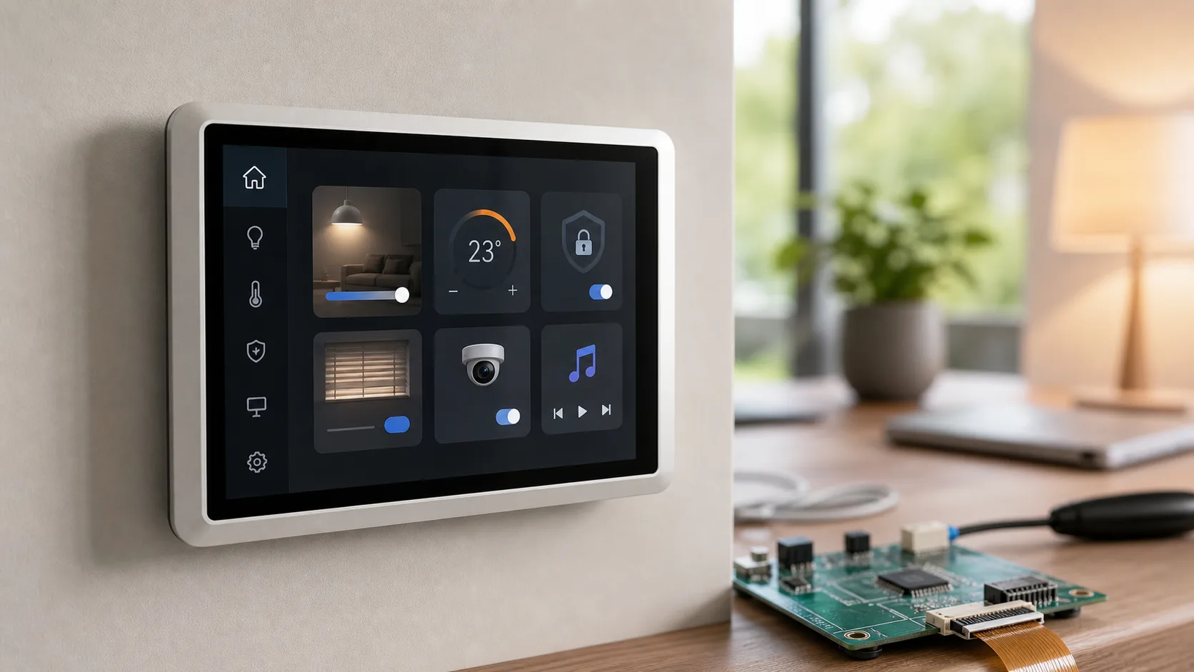 TFT display for smart home control panels prototype shown in a realistic consumer electronics lab scene