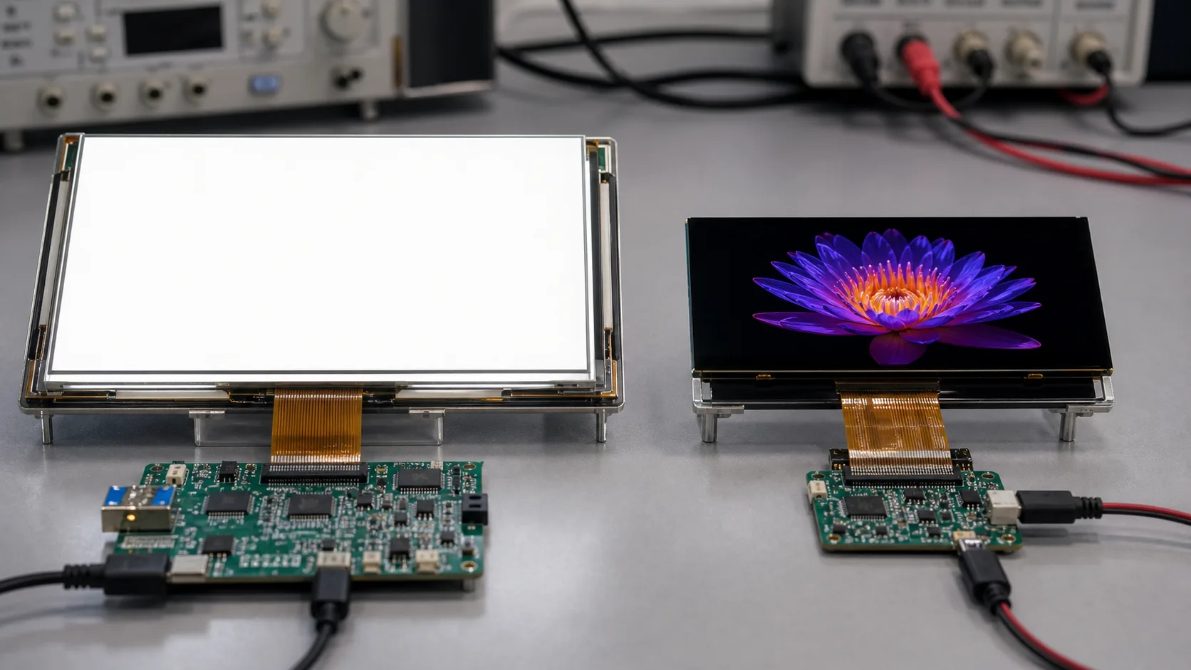 TFT LCD and OLED display samples compared side by side on a bench