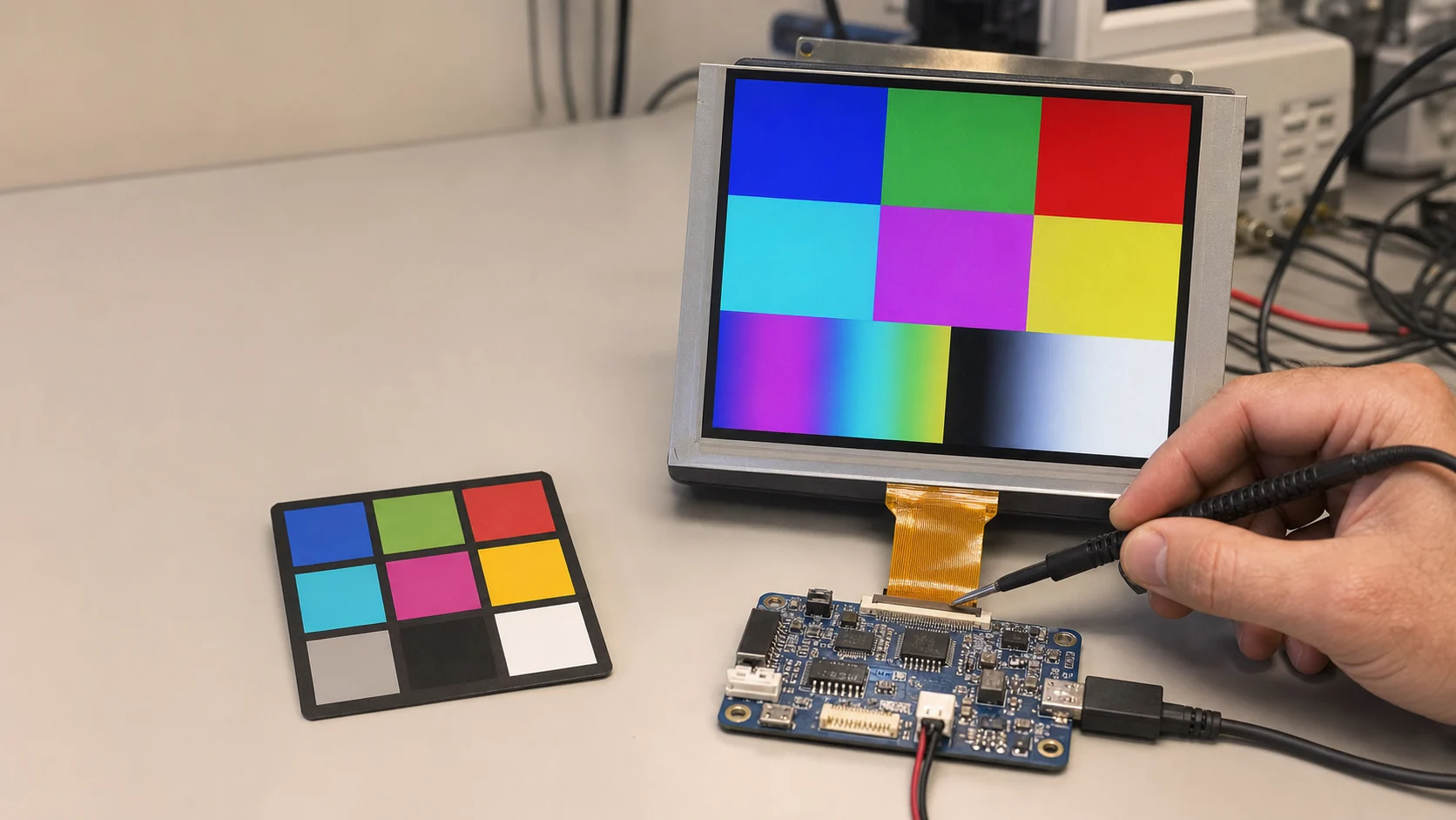 Engineer comparing incorrect colors on a TFT display with a calibrated color test pattern