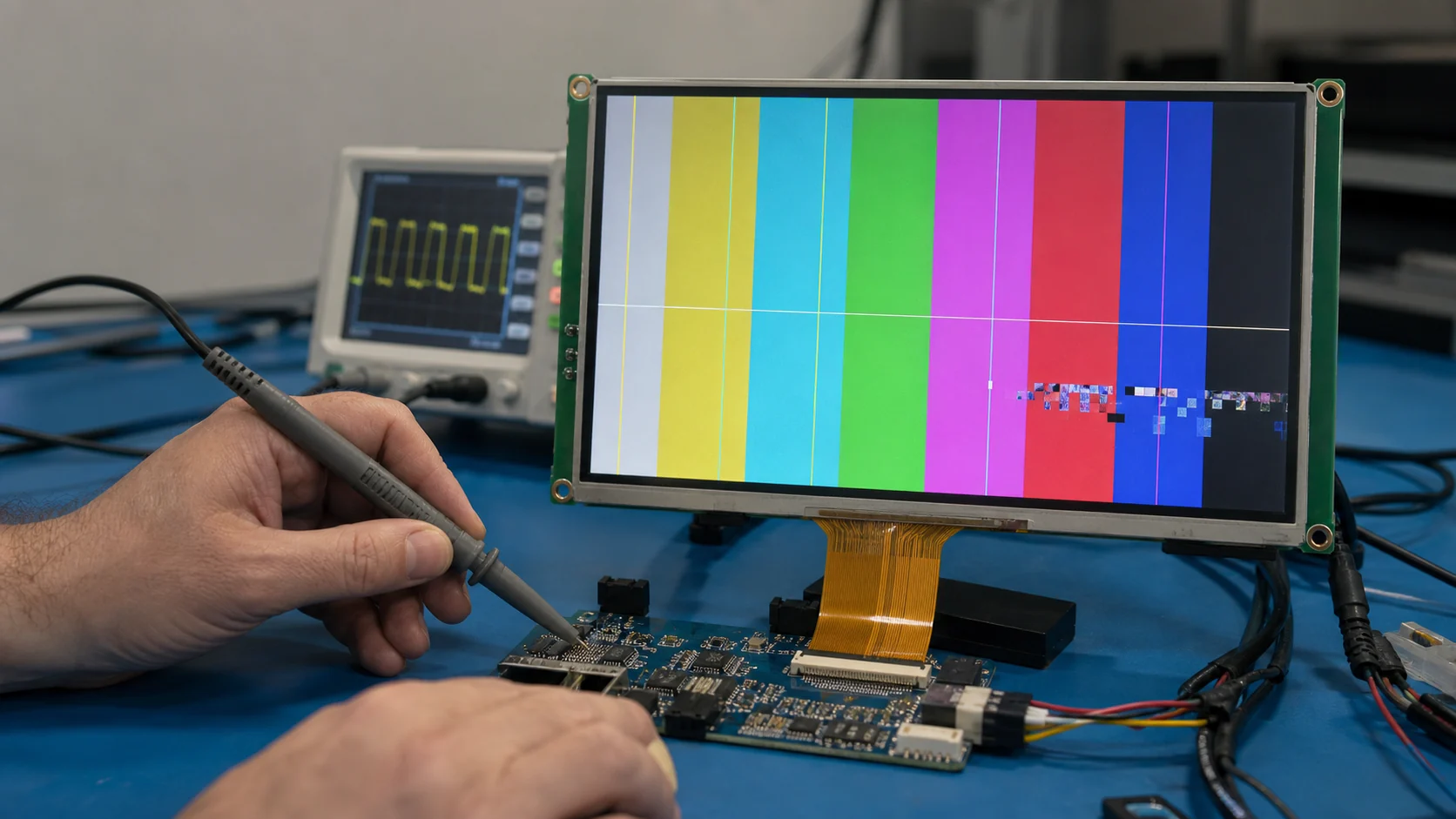 Engineer diagnosing vertical lines and image artifacts on a TFT LCD module with test equipment