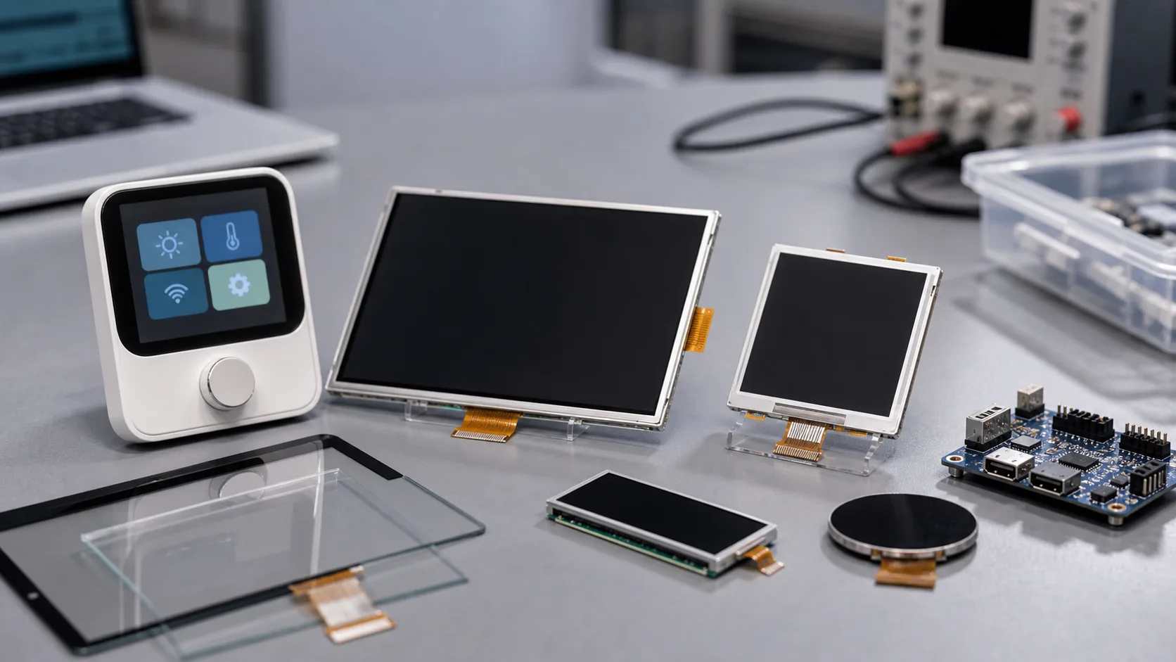 Consumer electronics TFT LCD modules on a product development bench
