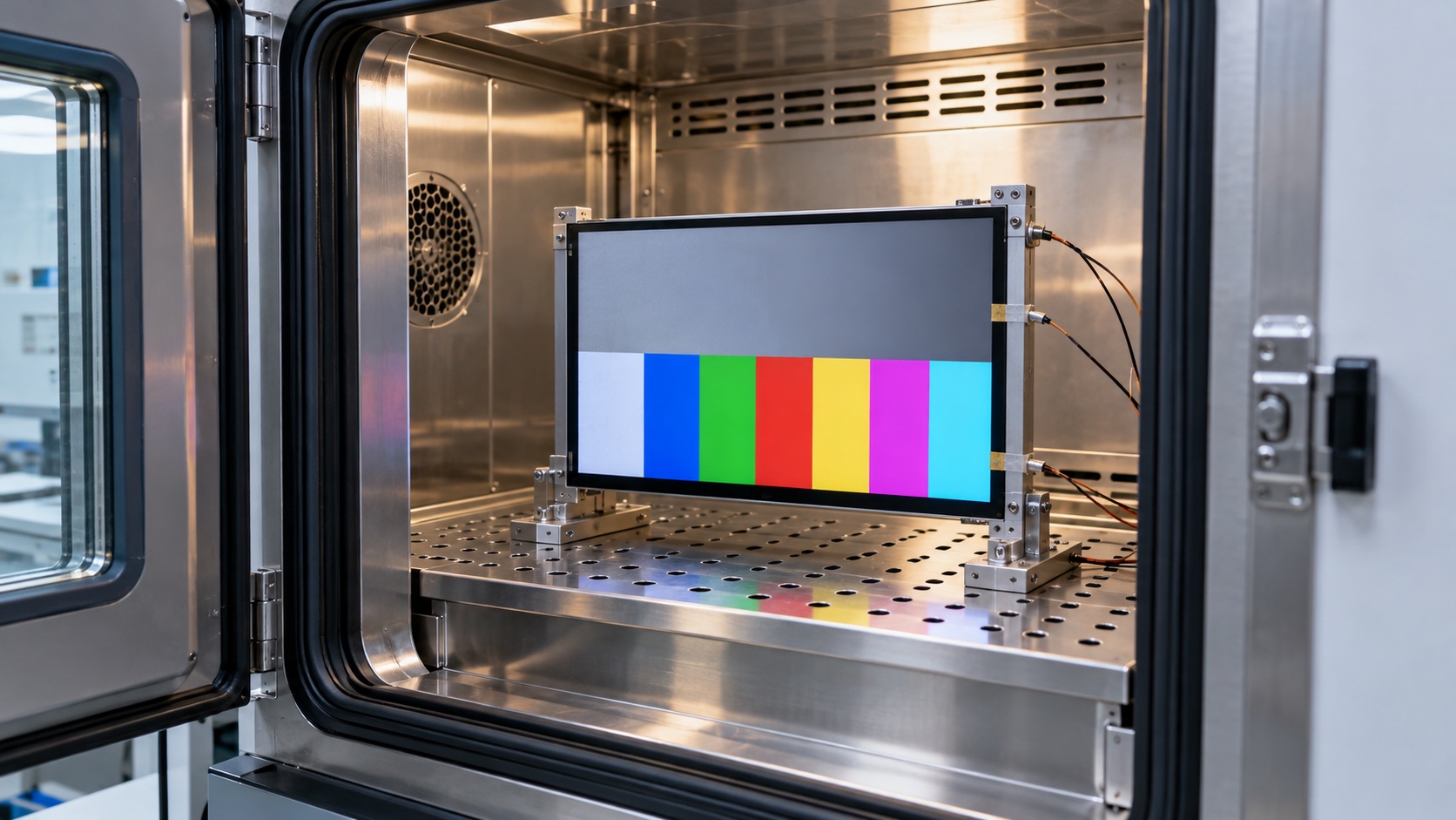 Photorealistic illustration of a TFT display mounted inside an environmental test chamber