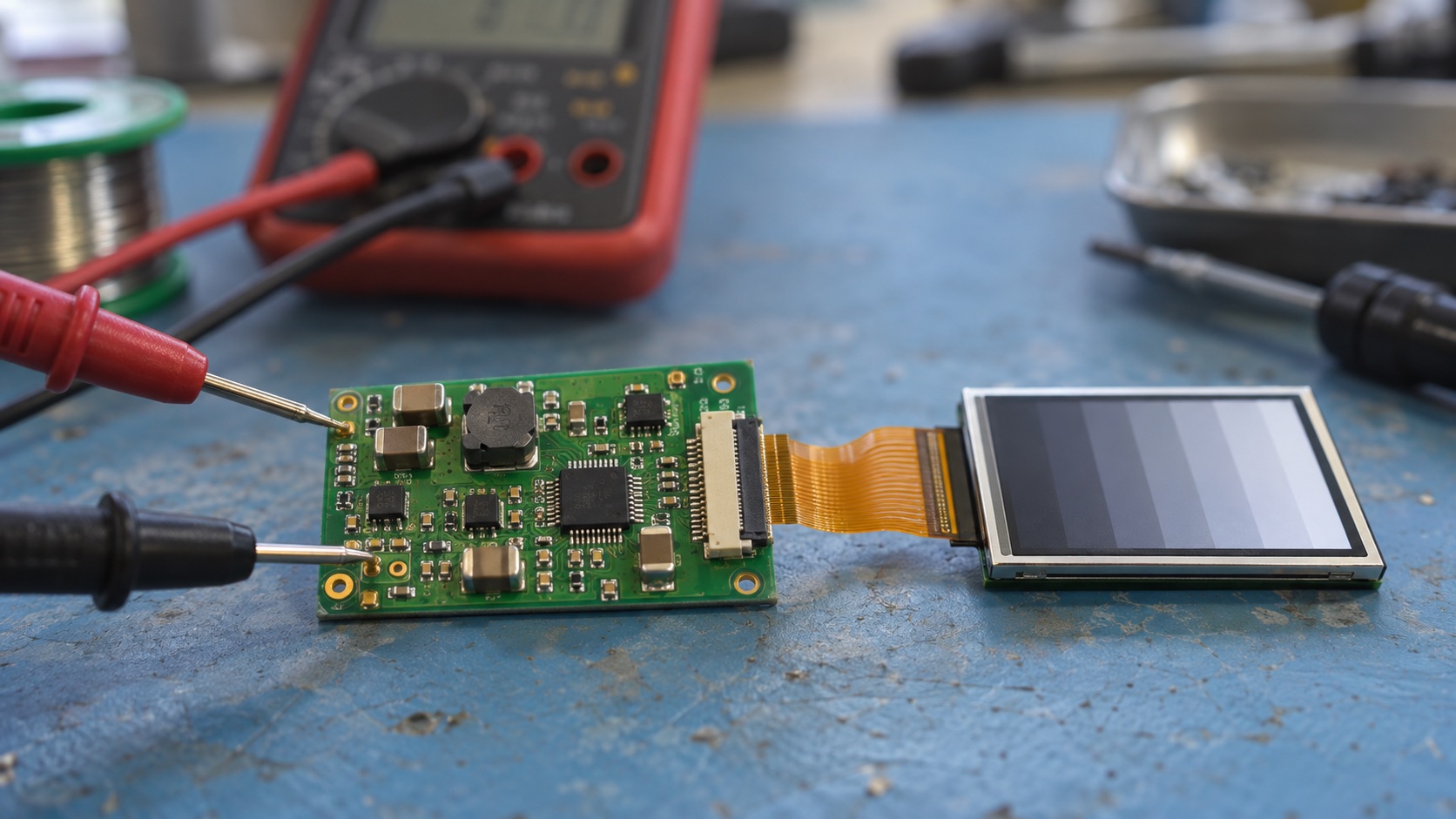 Illustrative close-up of an LCD bias power board with test probes beside a connected TFT module