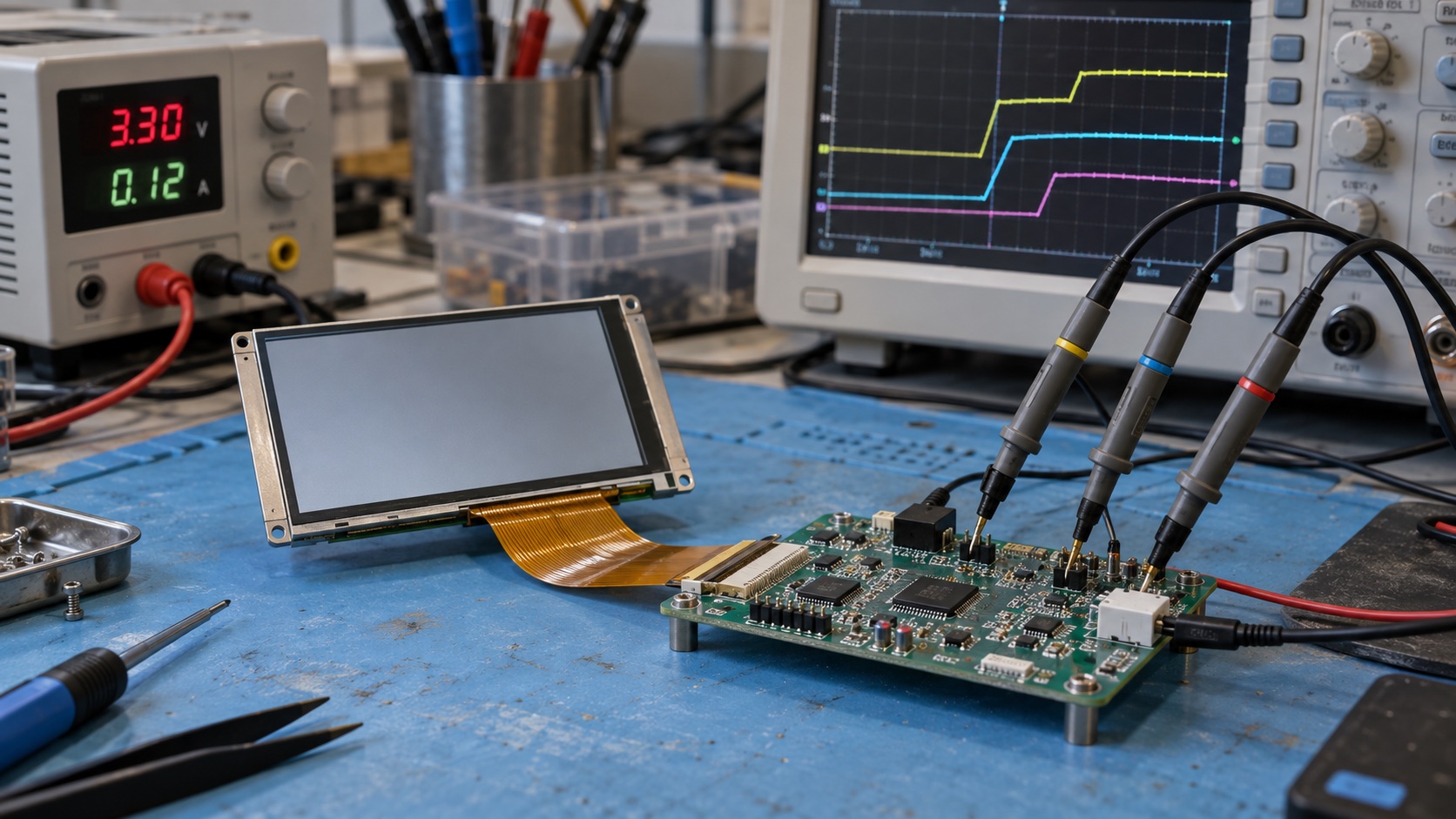 Illustrative electronics lab scene with a TFT LCD, power supply, and oscilloscope showing staggered startup waveforms