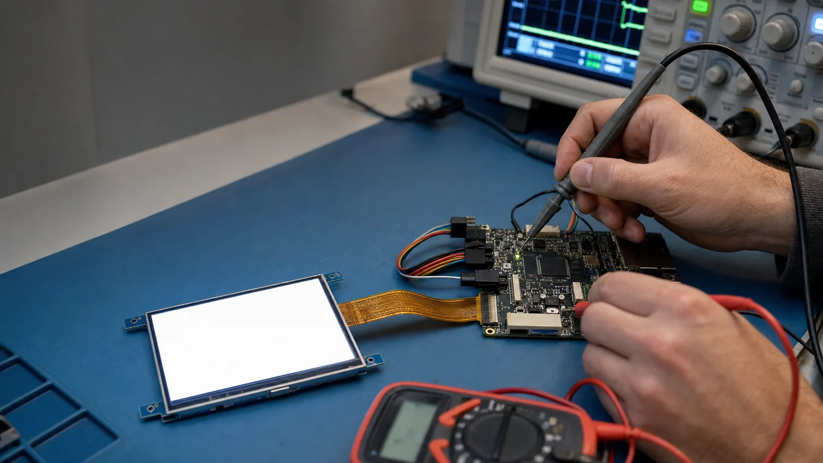 Engineer troubleshooting a powered TFT LCD module showing a white screen on an electronics workbench