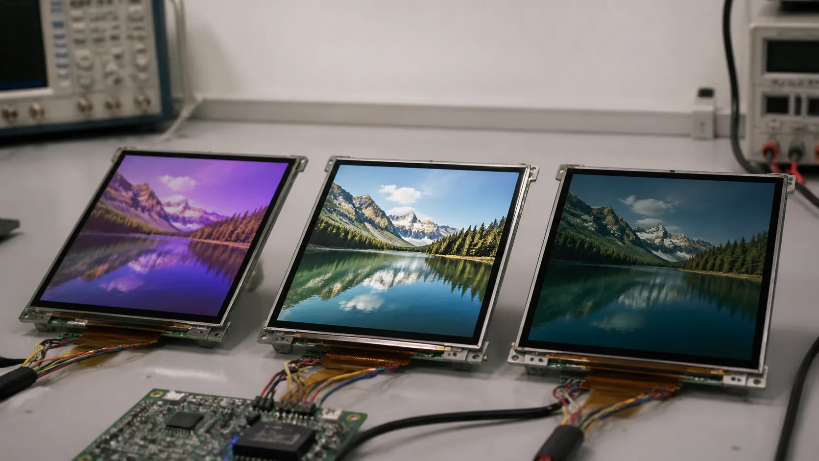 Three LCD panels compared side by side on an electronics test bench