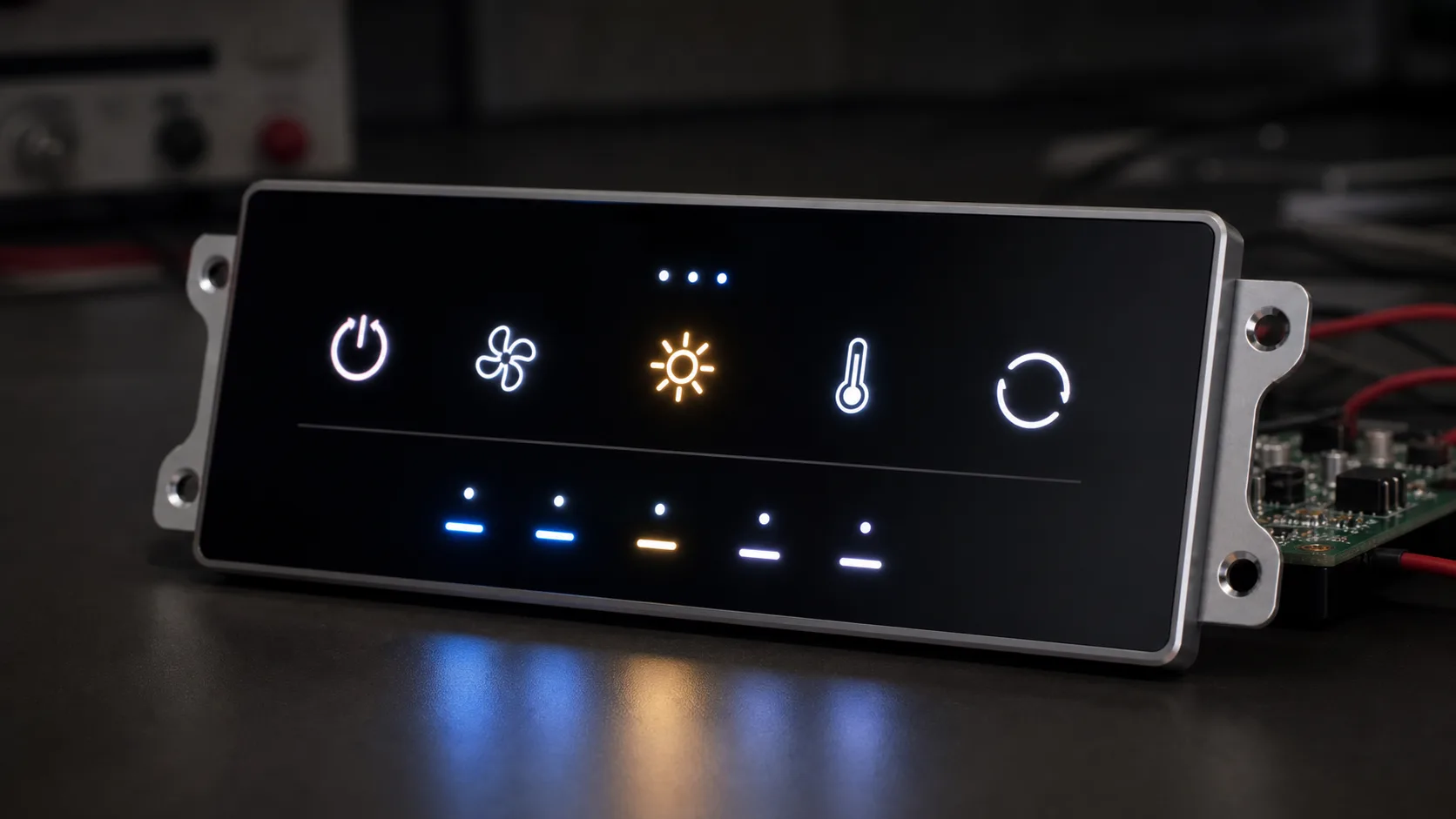 Capacitive touch buttons with LED feedback on a control panel prototype