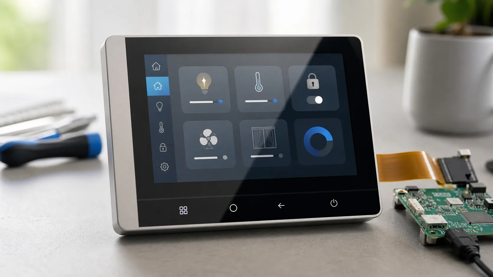 touchscreen display for smart home panels prototype photographed on a clean consumer electronics workbench
