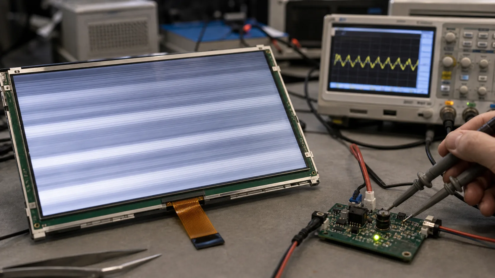 TFT display flickering troubleshooting setup on an electronics repair bench