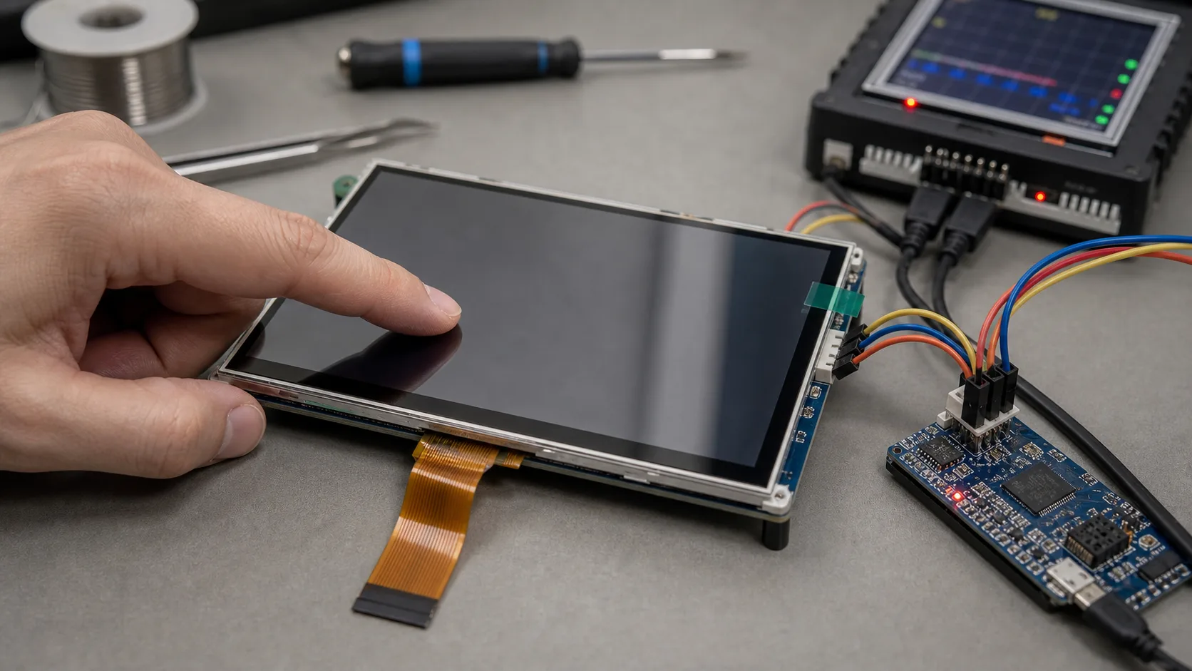 TFT LCD touchscreen not responding troubleshooting setup on an electronics repair bench